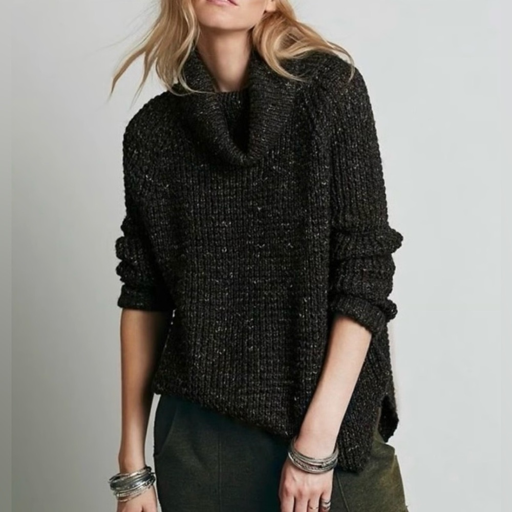 FREE PEOPLE Dylan Tweedy Cowl Neck Sweater Black Knit Size XS